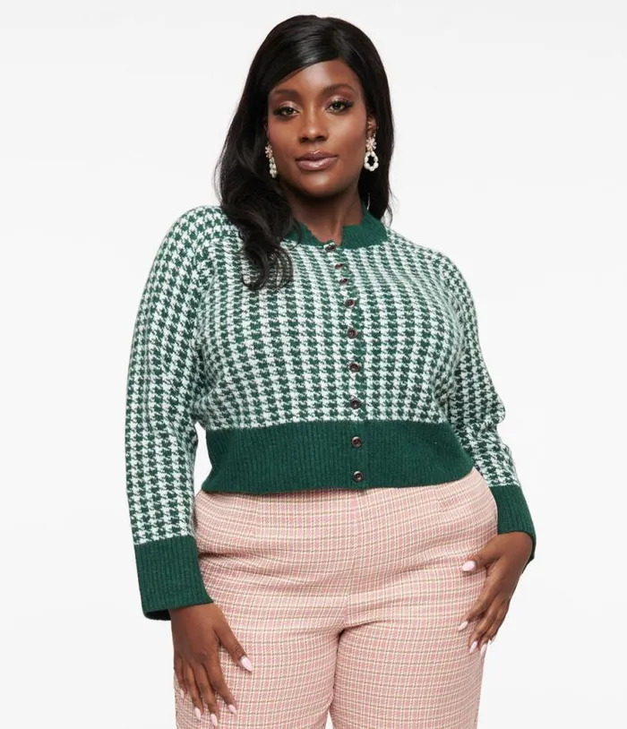 Plus Size 1950s Green and White Houndstooth Hattie Cardigan Clothing Unique Vintage Sweaters and Cardigans Plus Size 1950s Green and White Houndstooth Hattie Cardigan Clothing Unique Vintage Sweaters and Cardigans