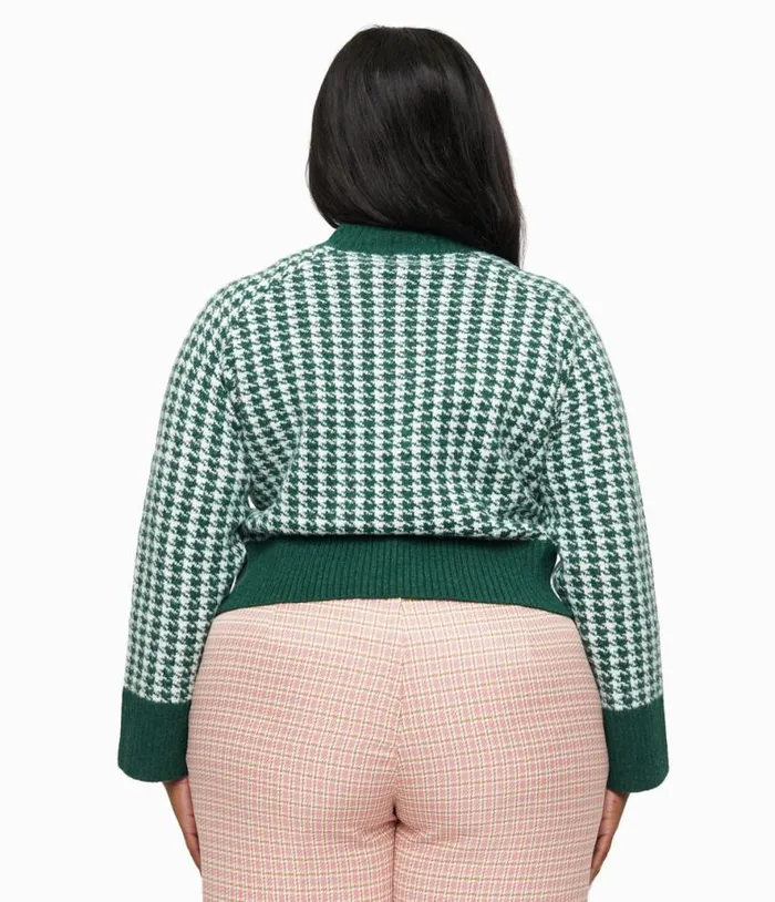 Plus Size 1950s Green and White Houndstooth Hattie Cardigan Clothing Unique Vintage Sweaters and Cardigans