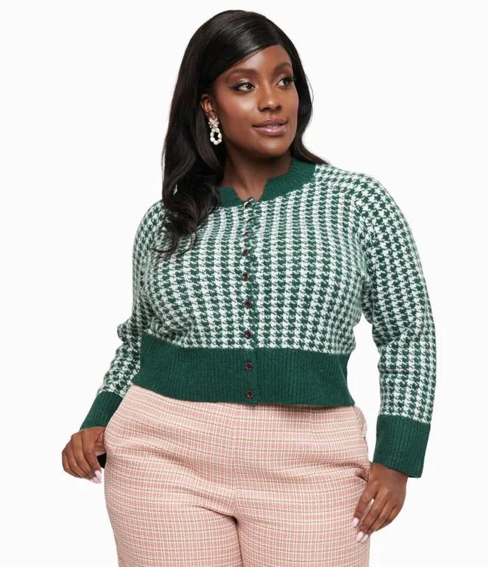 Plus Size 1950s Green and White Houndstooth Hattie Cardigan Clothing Unique Vintage Sweaters and Cardigans