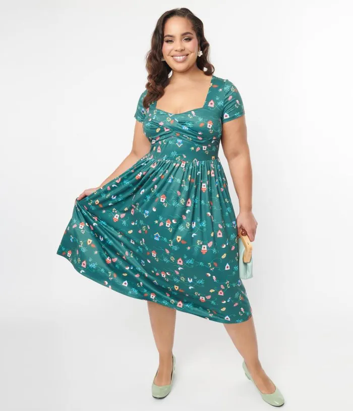 Plus Size 1950s Green Birdhouse Twist Front Swing Dress DressesPlus Unique Vintage Pocket Dresses