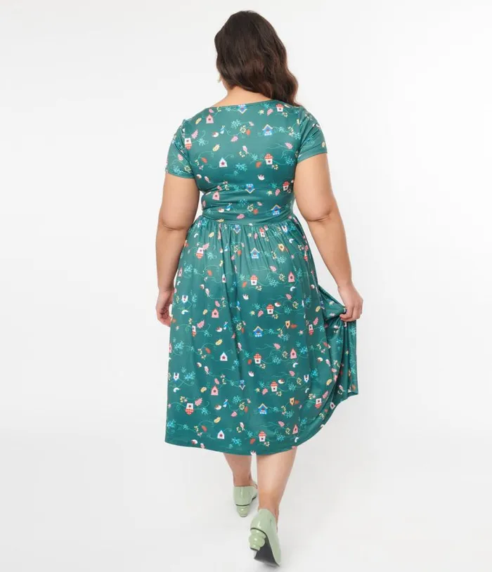 Plus Size 1950s Green Birdhouse Twist Front Swing Dress DressesPlus Unique Vintage Pocket Dresses