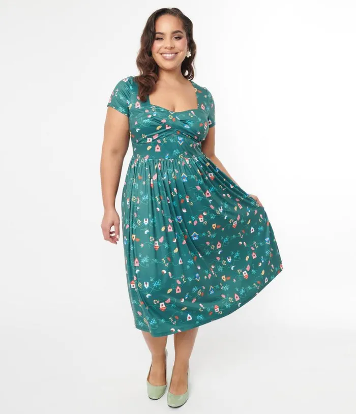 Plus Size 1950s Green Birdhouse Twist Front Swing Dress DressesPlus Unique Vintage Pocket Dresses