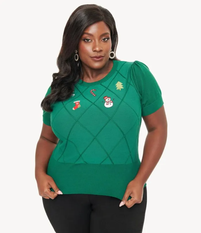Plus Size 1950s Green Christmas Embroidered Sweater ClothingPlus Unique Vintage Sweaters and Cardigans