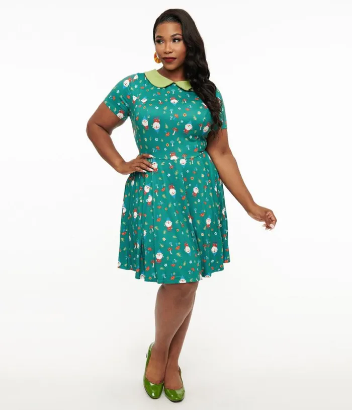 Plus Size 1950s Green Gnome Print Fit and Flare Dress Dresses Unique Vintage Fit and Flare Plus Size 1950s Green Gnome Print Fit and Flare Dress Dresses Unique Vintage Fit and Flare