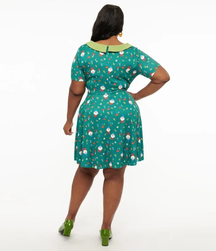 Plus Size 1950s Green Gnome Print Fit and Flare Dress Dresses Unique Vintage Fit and Flare