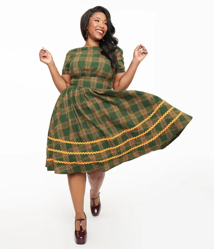 Plus Size 1950s Green Plaid Cotton Swing Dress DressesPlus Unique Vintage Swing