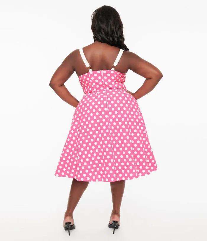 Plus Size 1950s Hot Pink and White Polka Dot Cotton Swing Dress DressesPlus Unique Vintage Swing