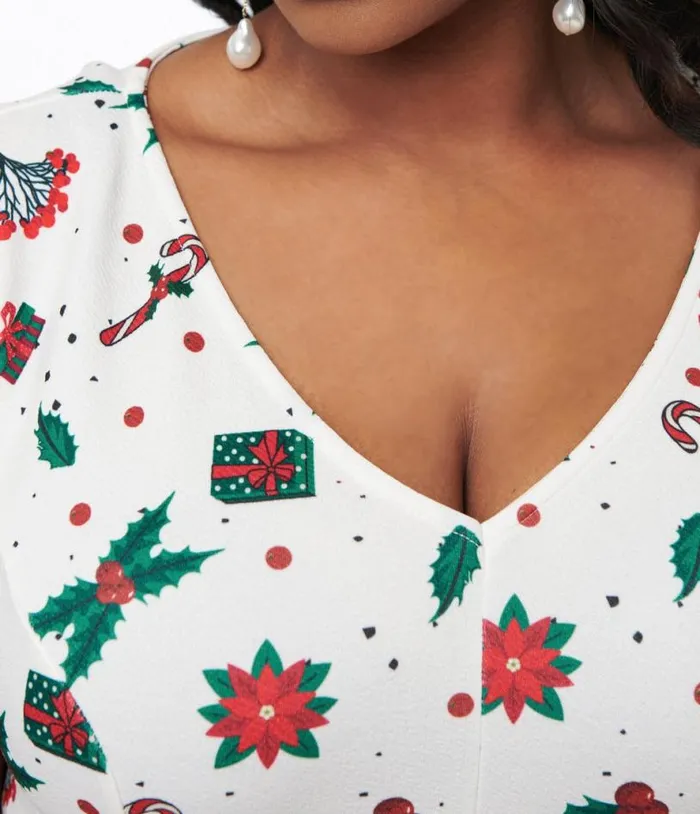 Plus Size 1950s Ivory Christmas Print Poppy Flare Dress Dresses Unique Vintage Pocket Dresses