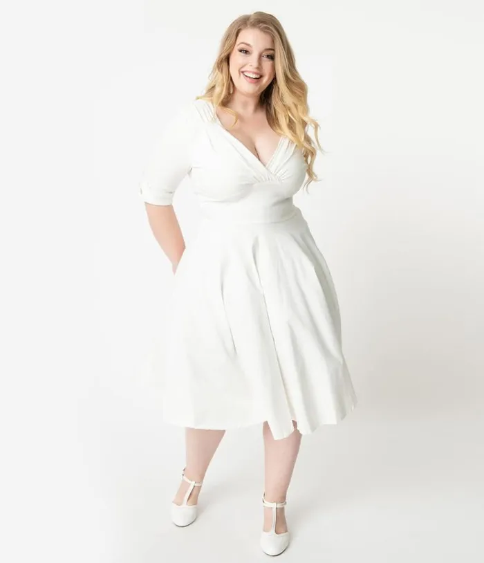 Plus Size 1950s Ivory Delores Swing Dress With Sleeves DressesPlus Unique Vintage Pocket Dresses