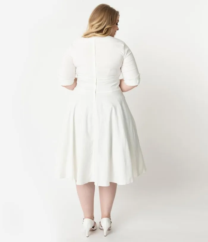 Plus Size 1950s Ivory Delores Swing Dress With Sleeves DressesPlus Unique Vintage Pocket Dresses