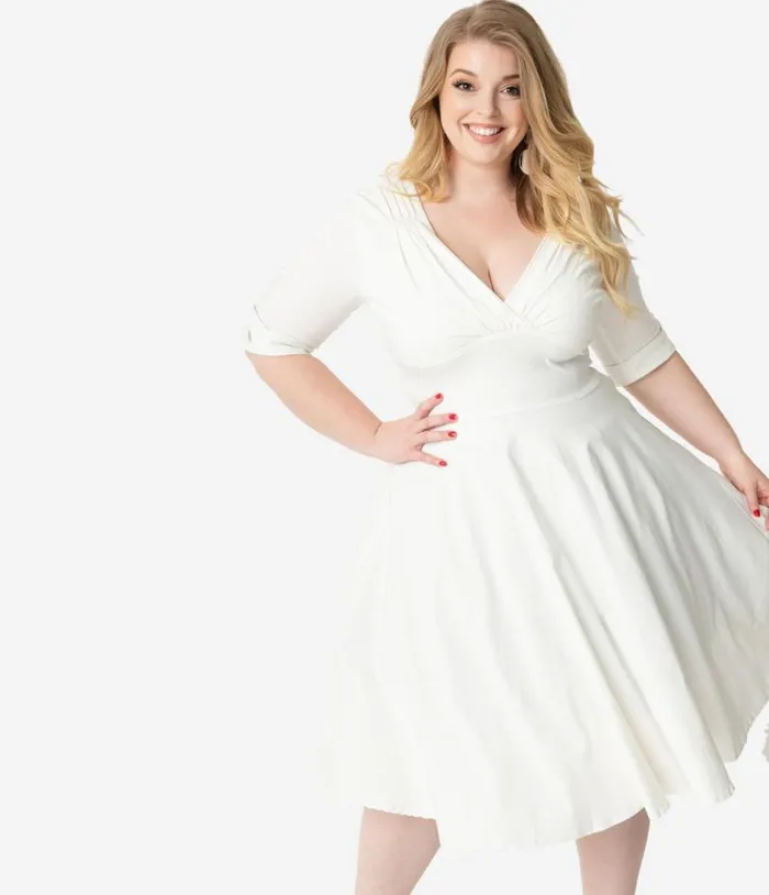 Plus Size 1950s Ivory Delores Swing Dress With Sleeves DressesPlus Unique Vintage Pocket Dresses