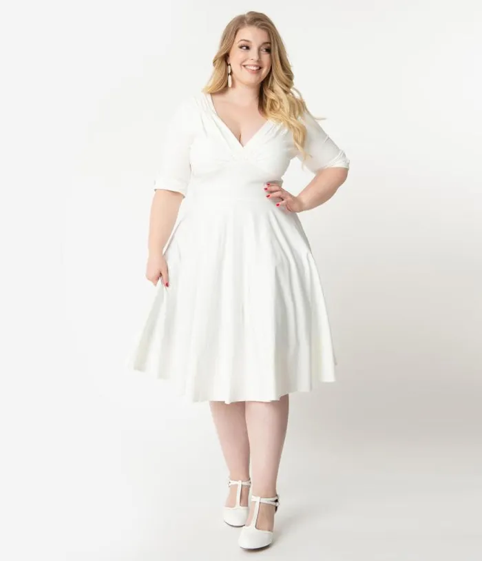 Plus Size 1950s Ivory Delores Swing Dress With Sleeves DressesPlus Unique Vintage Pocket Dresses