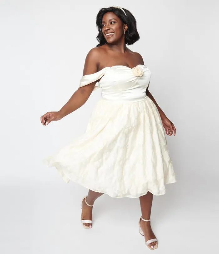 Plus Size 1950s Ivory Floral Off Shoulder Flare Dress DressesPlus Unique Vintage Pocket Dresses Plus Size 1950s Ivory Floral Off Shoulder Flare Dress DressesPlus Unique Vintage Pocket Dresses