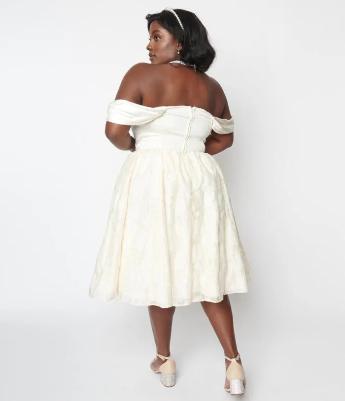 Plus Size 1950s Ivory Floral Off Shoulder Flare Dress DressesPlus Unique Vintage Pocket Dresses