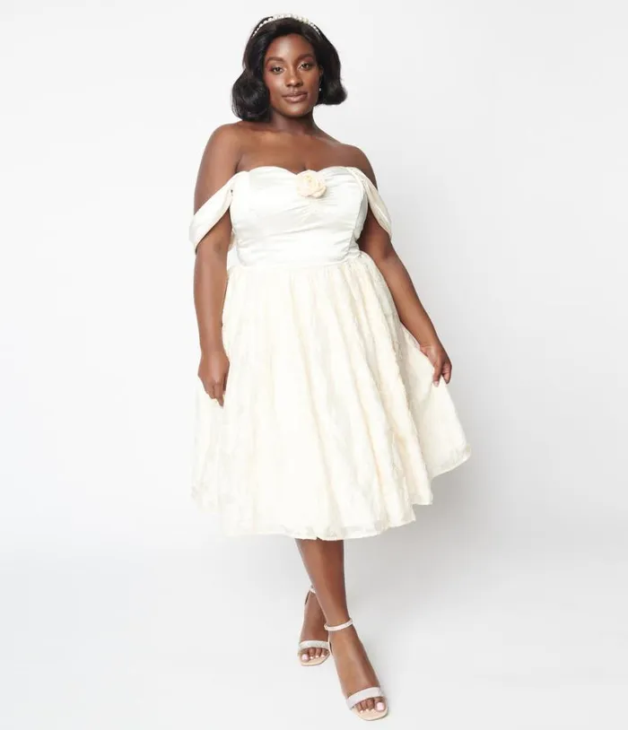Plus Size 1950s Ivory Floral Off Shoulder Flare Dress DressesPlus Unique Vintage Pocket Dresses