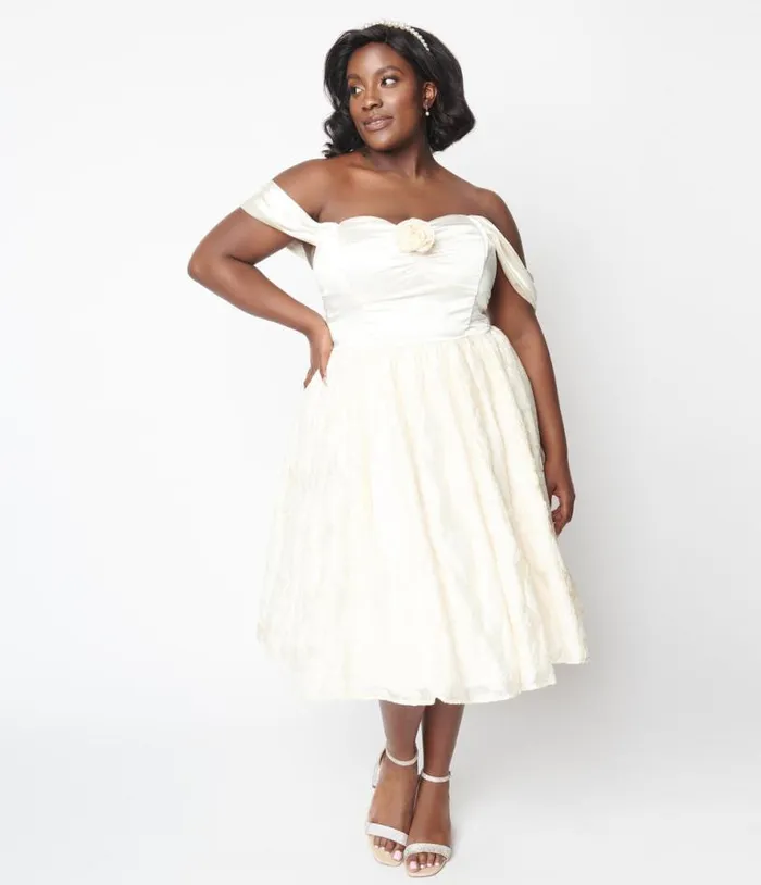 Plus Size 1950s Ivory Floral Off Shoulder Flare Dress DressesPlus Unique Vintage Pocket Dresses