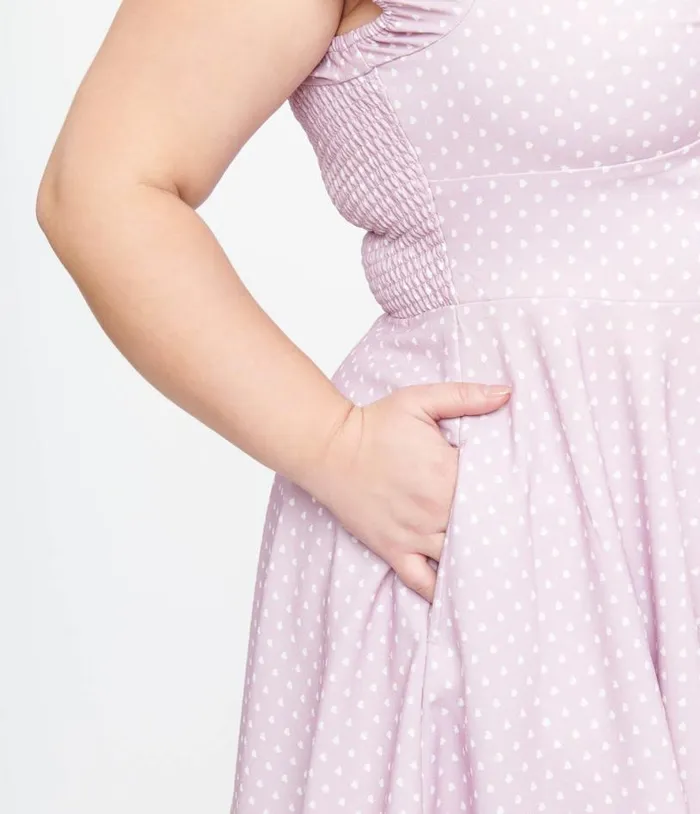 Plus Size 1950s Lavender and White Heart Print Victoria Swing Dress DressesPlus Unique Vintage Pocket Dresses