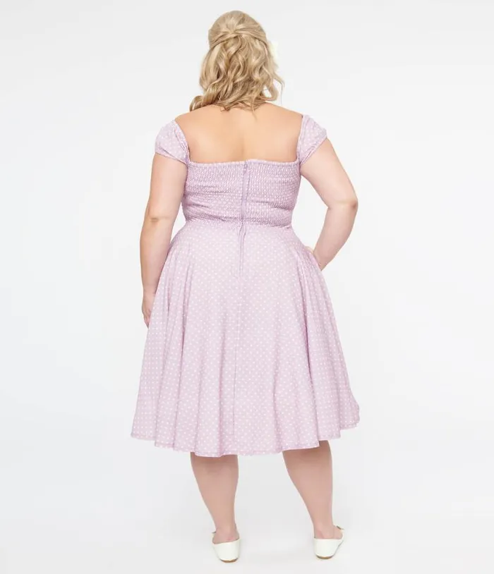 Plus Size 1950s Lavender and White Heart Print Victoria Swing Dress DressesPlus Unique Vintage Pocket Dresses