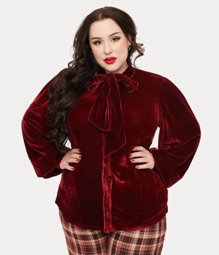 Plus Size 1950s Merlot Velvet Gwen Blouse ClothingPlus Unique Vintage Blouses
