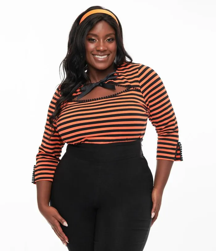 Plus Size 1950s Orange and Black Stripe Cutout Neck Tie Top Halloween Unique Vintage Tops Plus Size 1950s Orange and Black Stripe Cutout Neck Tie Top Halloween Unique Vintage Tops