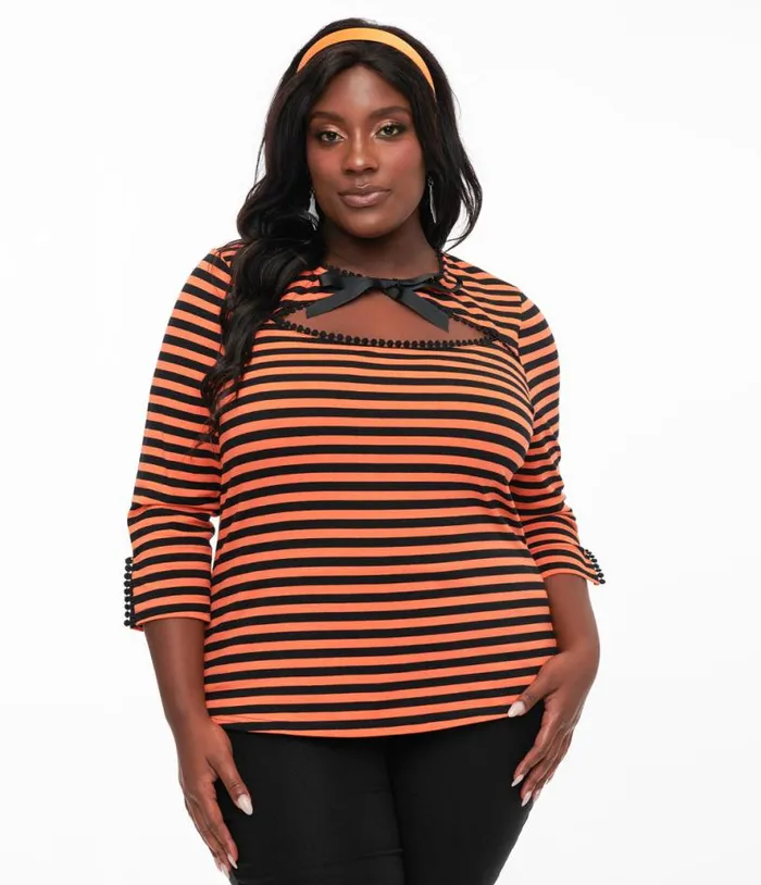 Plus Size 1950s Orange and Black Stripe Cutout Neck Tie Top Halloween Unique Vintage Tops