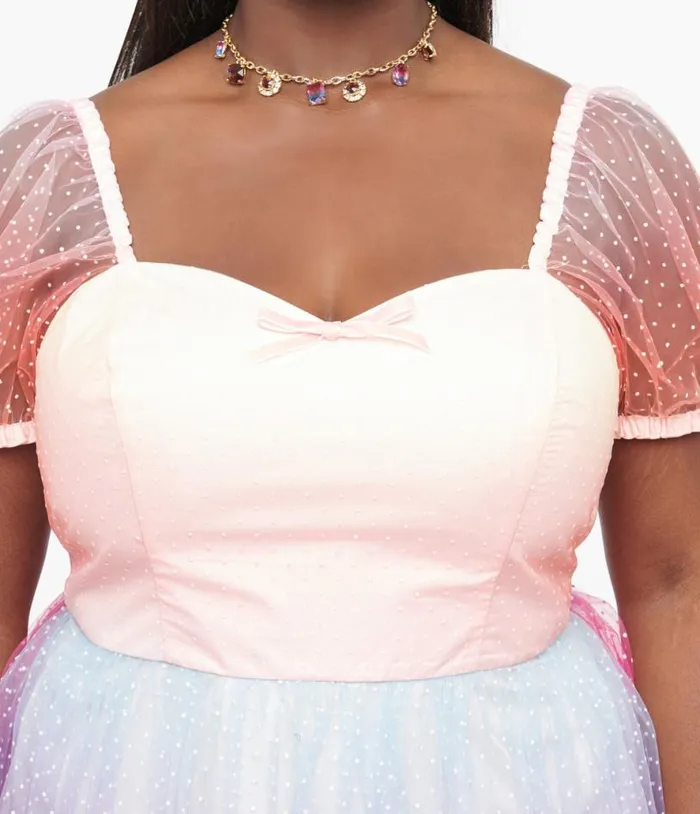 Plus Size 1950s Pastel Rainbow Ombre Clip Dot Tulle Sweetheart Fit and Flare Dress DressesPlus Unique Vintage Fit and Flare