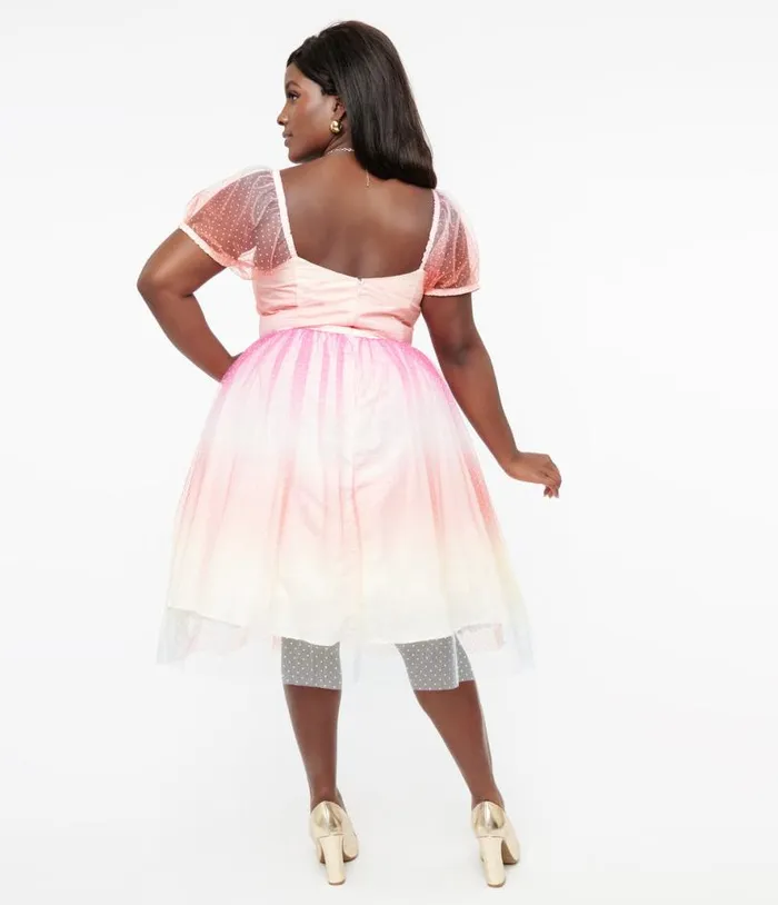 Plus Size 1950s Pastel Rainbow Ombre Clip Dot Tulle Sweetheart Fit and Flare Dress DressesPlus Unique Vintage Fit and Flare