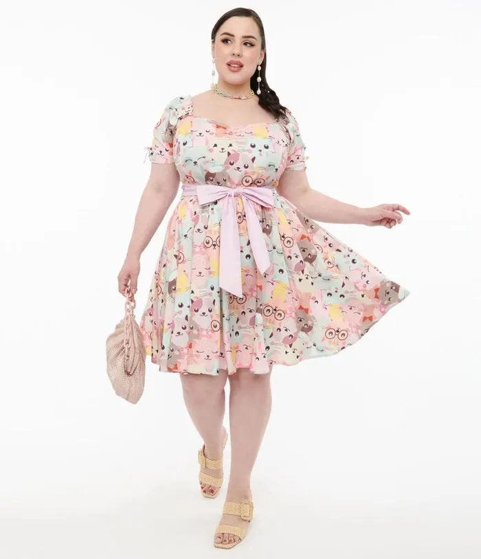 Plus Size 1950s Pink and Multicolor Cat Print Dakota Flare Dress DressesPlus Unique Vintage Pocket Dresses Plus Size 1950s Pink and Multicolor Cat Print Dakota Flare Dress DressesPlus Unique Vintage Pocket Dresses