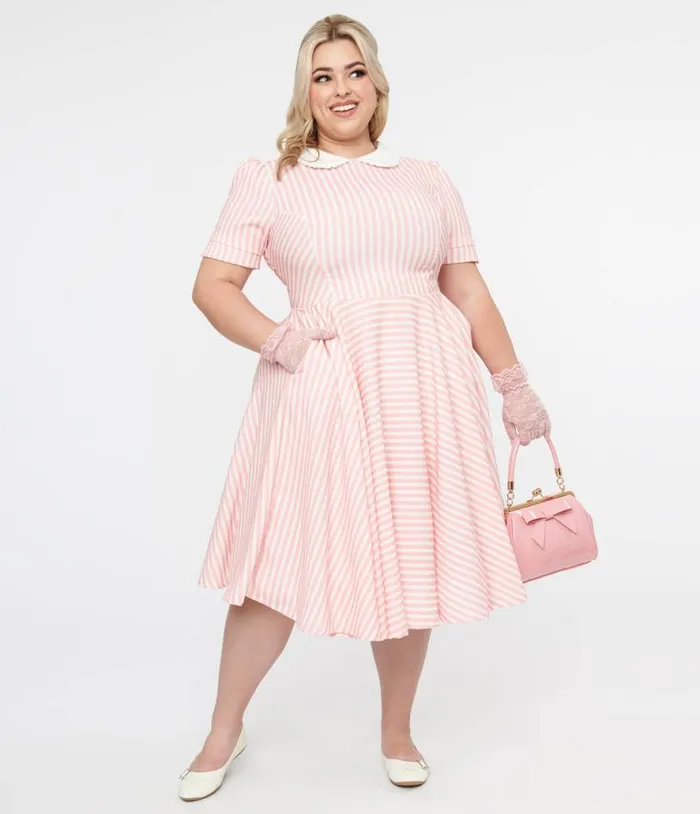 Plus Size 1950s Pink and White Striped Brielle Swing Dress DressesPlus Unique Vintage Pocket Dresses Plus Size 1950s Pink and White Striped Brielle Swing Dress DressesPlus Unique Vintage Pocket Dresses
