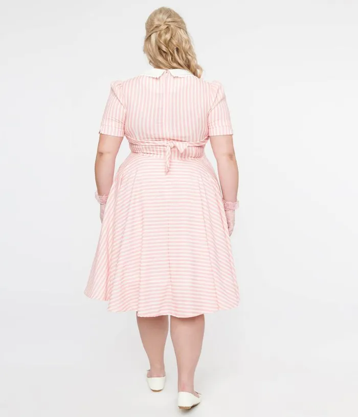 Plus Size 1950s Pink and White Striped Brielle Swing Dress DressesPlus Unique Vintage Pocket Dresses