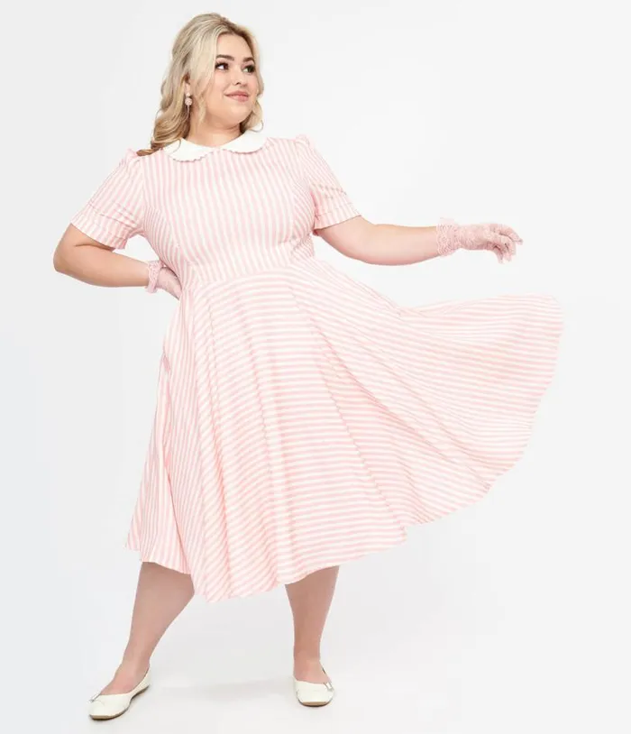 Plus Size 1950s Pink and White Striped Brielle Swing Dress DressesPlus Unique Vintage Pocket Dresses
