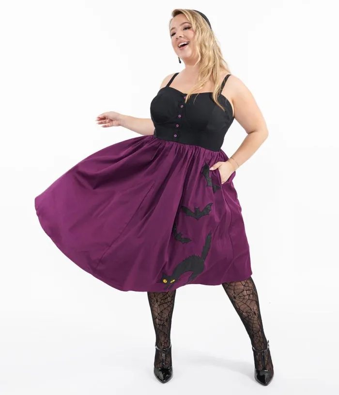 Plus Size 1950s Purple and Black Glitter Cat Swing Dress DressesHalloweenPlus Unique Vintage Pocket Dresses Plus Size 1950s Purple and Black Glitter Cat Swing Dress DressesHalloweenPlus Unique Vintage Pocket Dresses
