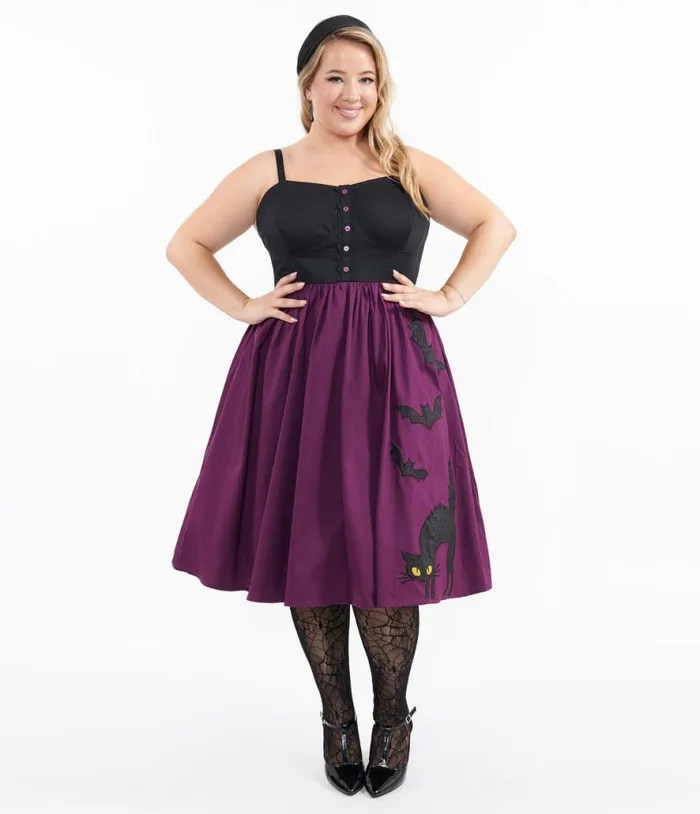 Plus Size 1950s Purple and Black Glitter Cat Swing Dress DressesHalloweenPlus Unique Vintage Pocket Dresses
