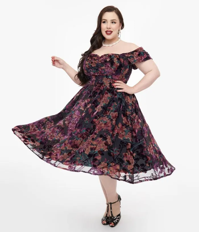 Plus Size 1950s Purple Floral Velvet Burnout Off Shoulder Flare Dress DressesPlus Unique Vintage Pocket Dresses Plus Size 1950s Purple Floral Velvet Burnout Off Shoulder Flare Dress DressesPlus Unique Vintage Pocket Dresses