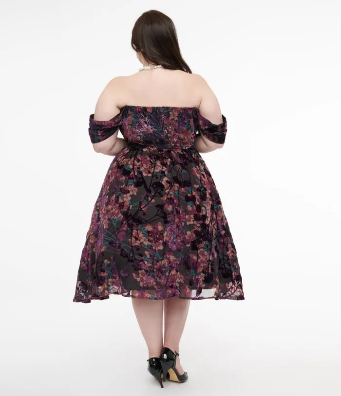 Plus Size 1950s Purple Floral Velvet Burnout Off Shoulder Flare Dress DressesPlus Unique Vintage Pocket Dresses
