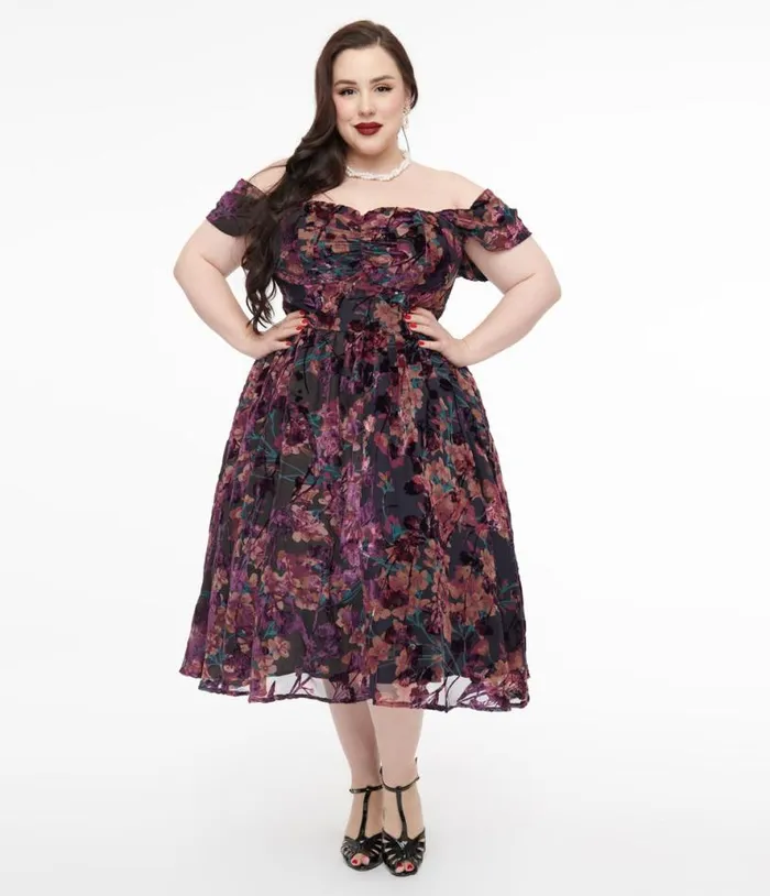 Plus Size 1950s Purple Floral Velvet Burnout Off Shoulder Flare Dress DressesPlus Unique Vintage Pocket Dresses