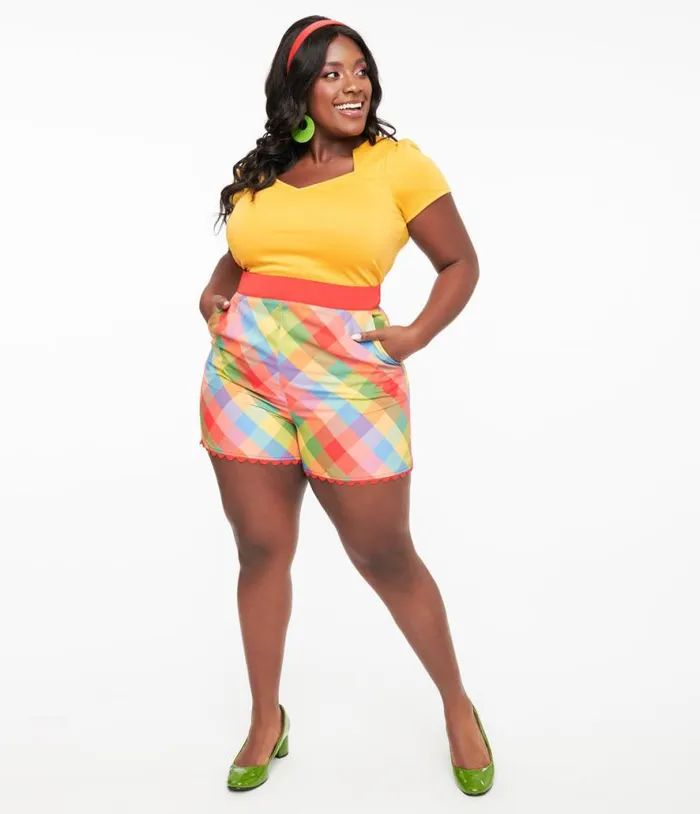 Plus Size 1950s Rainbow Madras Plaid Scallop Trim Shorts ClothingPlus Unique Vintage Shorts Plus Size 1950s Rainbow Madras Plaid Scallop Trim Shorts ClothingPlus Unique Vintage Shorts