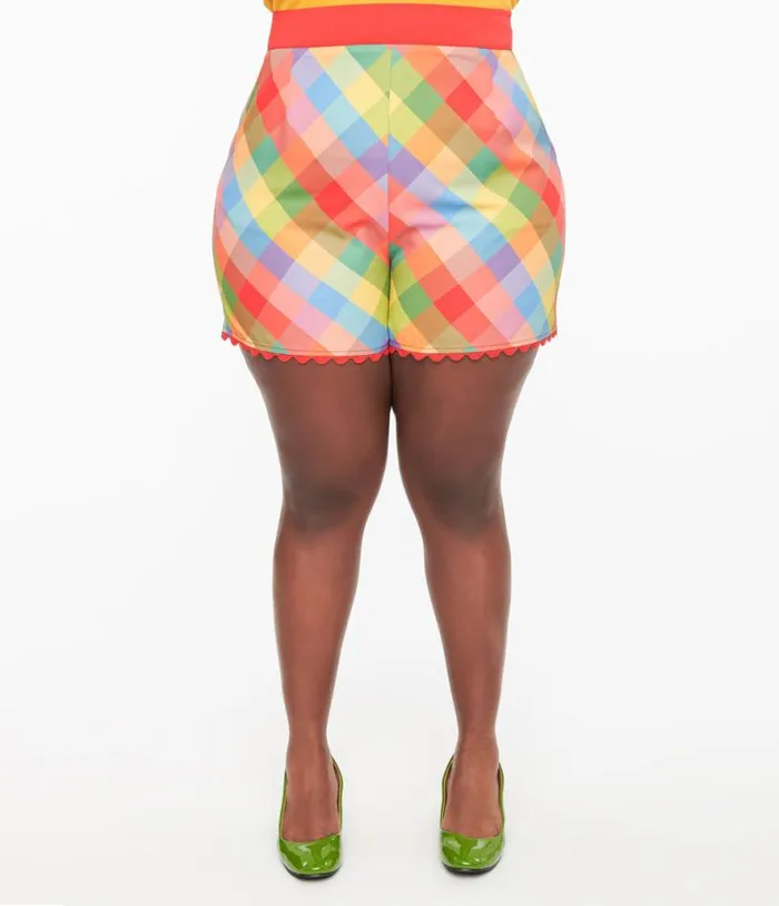 Plus Size 1950s Rainbow Madras Plaid Scallop Trim Shorts ClothingPlus Unique Vintage Shorts
