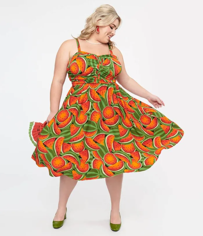 Plus Size 1950s Red and Green Watermelon Print Eden Fit and Flare Dress DressesPlus Unique Vintage Pocket Dresses Plus Size 1950s Red and Green Watermelon Print Eden Fit and Flare Dress DressesPlus Unique Vintage Pocket Dresses