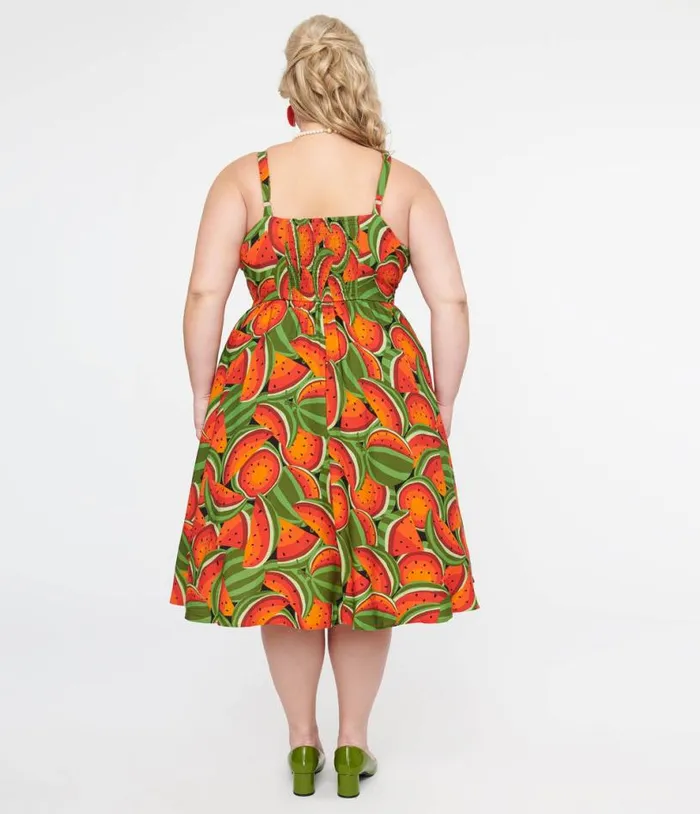 Plus Size 1950s Red and Green Watermelon Print Eden Fit and Flare Dress DressesPlus Unique Vintage Pocket Dresses