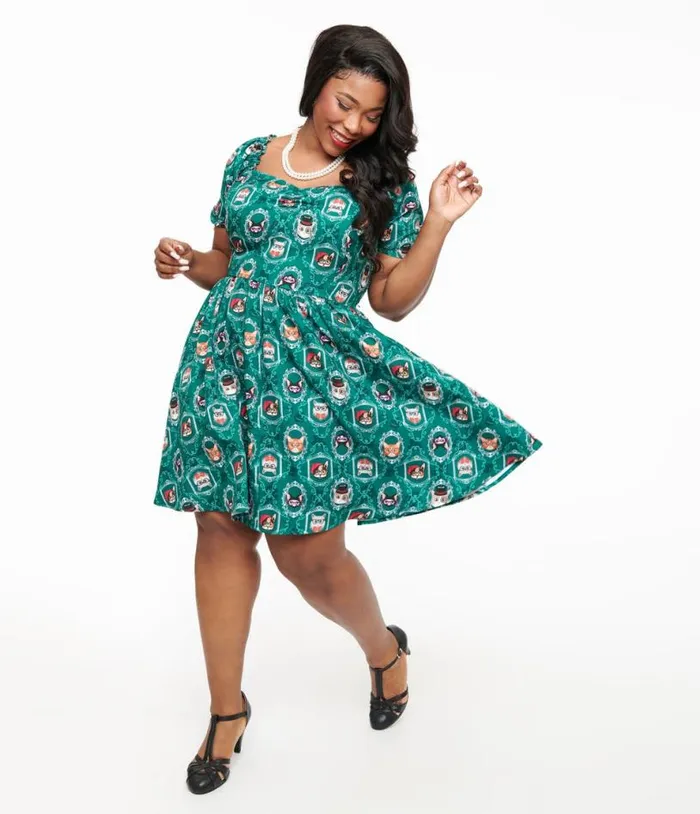Plus Size 1950s Teal Cat Print Swing Dress DressesPlus Unique Vintage Pocket Dresses Plus Size 1950s Teal Cat Print Swing Dress DressesPlus Unique Vintage Pocket Dresses