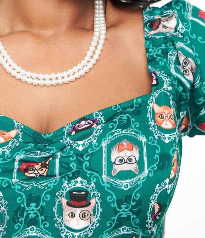 Plus Size 1950s Teal Cat Print Swing Dress DressesPlus Unique Vintage Pocket Dresses