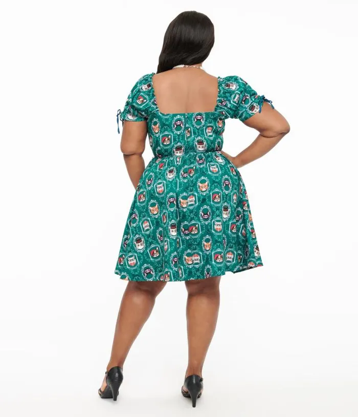 Plus Size 1950s Teal Cat Print Swing Dress DressesPlus Unique Vintage Pocket Dresses