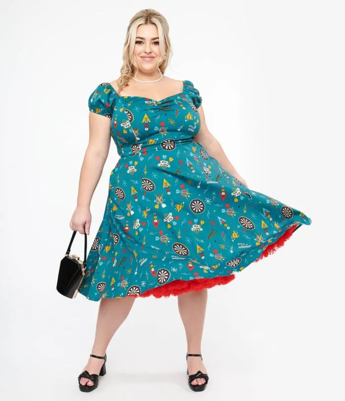 Plus Size 1950s Teal Dart Board Keep Em Flying Cotton Swing Dress DressesPlus Unique Vintage Pocket Dresses Plus Size 1950s Teal Dart Board Keep Em Flying Cotton Swing Dress DressesPlus Unique Vintage Pocket Dresses