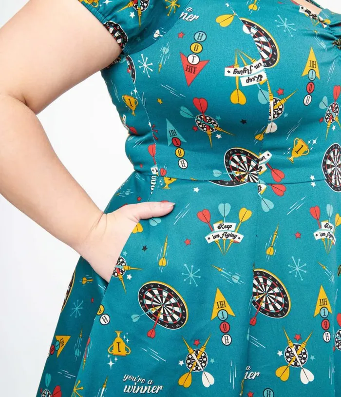 Plus Size 1950s Teal Dart Board Keep Em Flying Cotton Swing Dress DressesPlus Unique Vintage Pocket Dresses