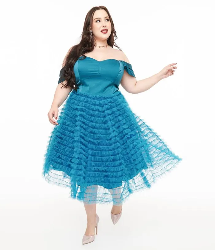 Plus Size 1950s Teal Mesh Tulle Off The Shoulder Swing Dress DressesPlus Unique Vintage Swing Plus Size 1950s Teal Mesh Tulle Off The Shoulder Swing Dress DressesPlus Unique Vintage Swing