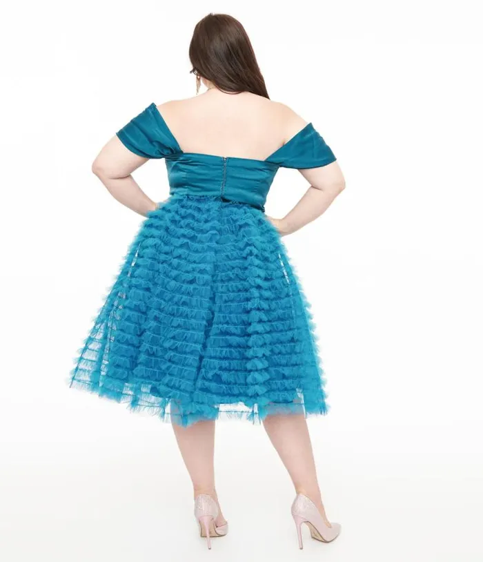 Plus Size 1950s Teal Mesh Tulle Off The Shoulder Swing Dress DressesPlus Unique Vintage Swing
