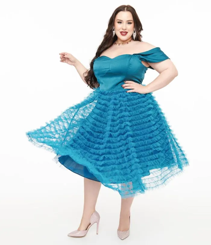 Plus Size 1950s Teal Mesh Tulle Off The Shoulder Swing Dress DressesPlus Unique Vintage Swing