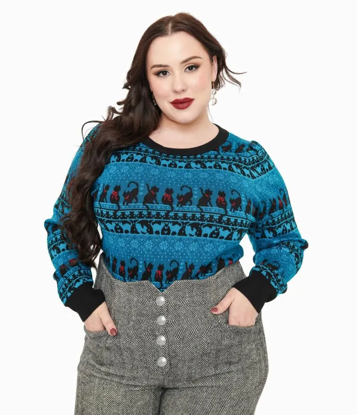 Plus Size 1950s Teal Snowflakes and Cats Sweater ClothingPlus Unique Vintage Sweaters and Cardigans Plus Size 1950s Teal Snowflakes and Cats Sweater ClothingPlus Unique Vintage Sweaters and Cardigans