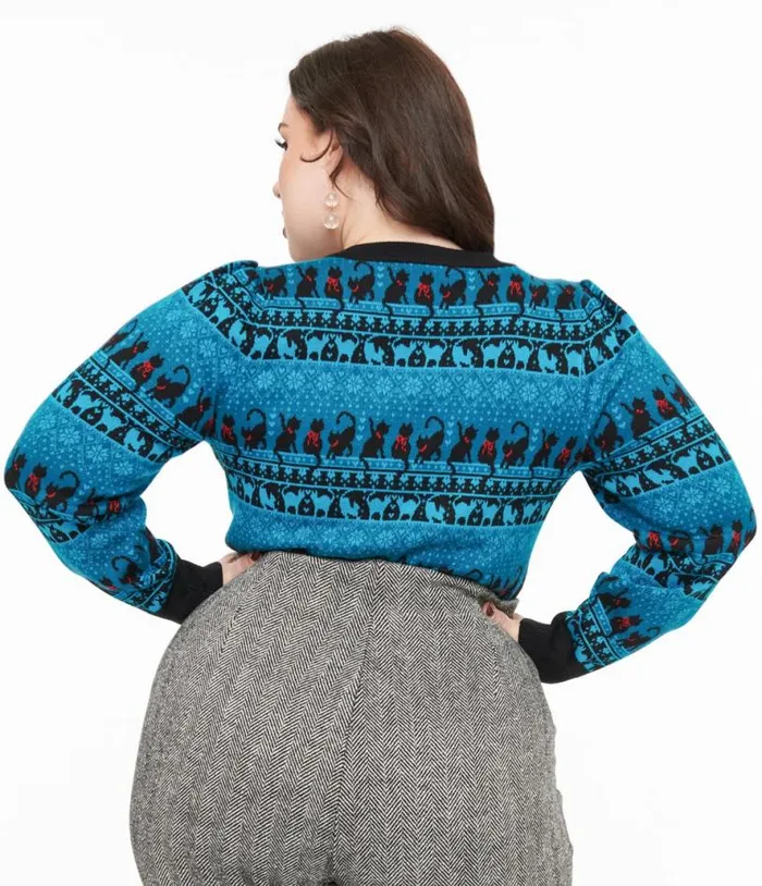 Plus Size 1950s Teal Snowflakes and Cats Sweater ClothingPlus Unique Vintage Sweaters and Cardigans